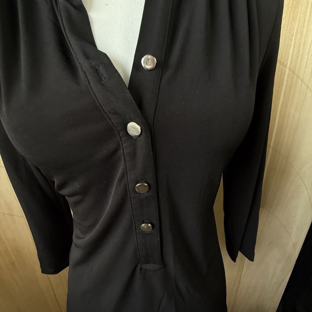 Carmen Marc Valvo Black Jersey Henley Blouse Silver Buttons S - Picture 2 of 7